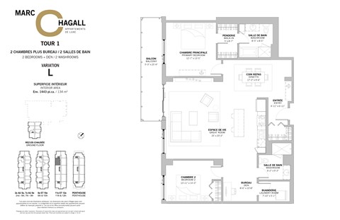 A floor plan for a two bedroom, two bathroom apartment with a den at Marc Chagall Apartments in Côte Saint-Luc.
